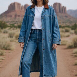 VTG SUNBELT Western Denim Duster Coat Women's M/L Tooled Leather Button Pockets